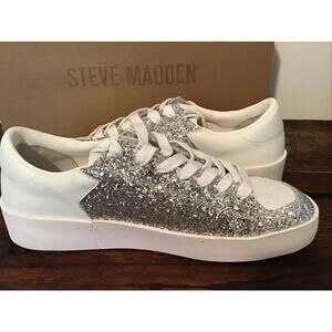 Steve Madden Womens Perona Casual White Silver Fashion Sneakers 8